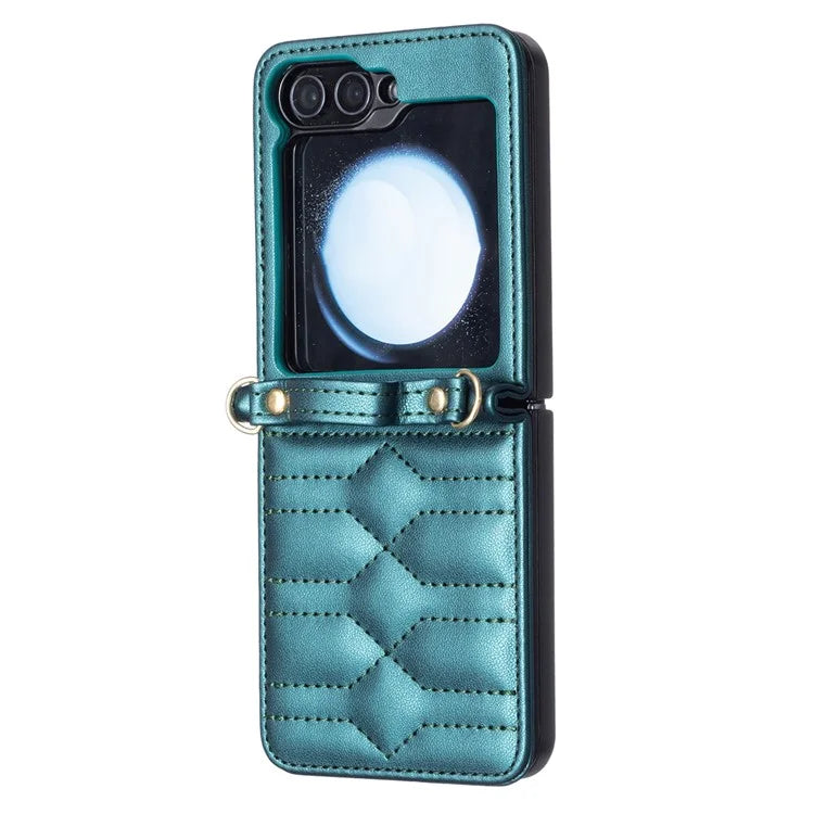 For Samsung Galaxy Z Flip6 5G  /  Z Flip5 5G Leather Case V-Shape Grip Back Cover with Shoulder Strap