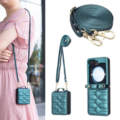 For Samsung Galaxy Z Flip6 5G  /  Z Flip5 5G Leather Case V-Shape Grip Back Cover with Shoulder Strap