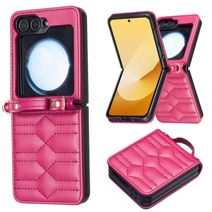 For Samsung Galaxy Z Flip6 5G  /  Z Flip5 5G Leather Case V-Shape Grip Back Cover with Shoulder Strap