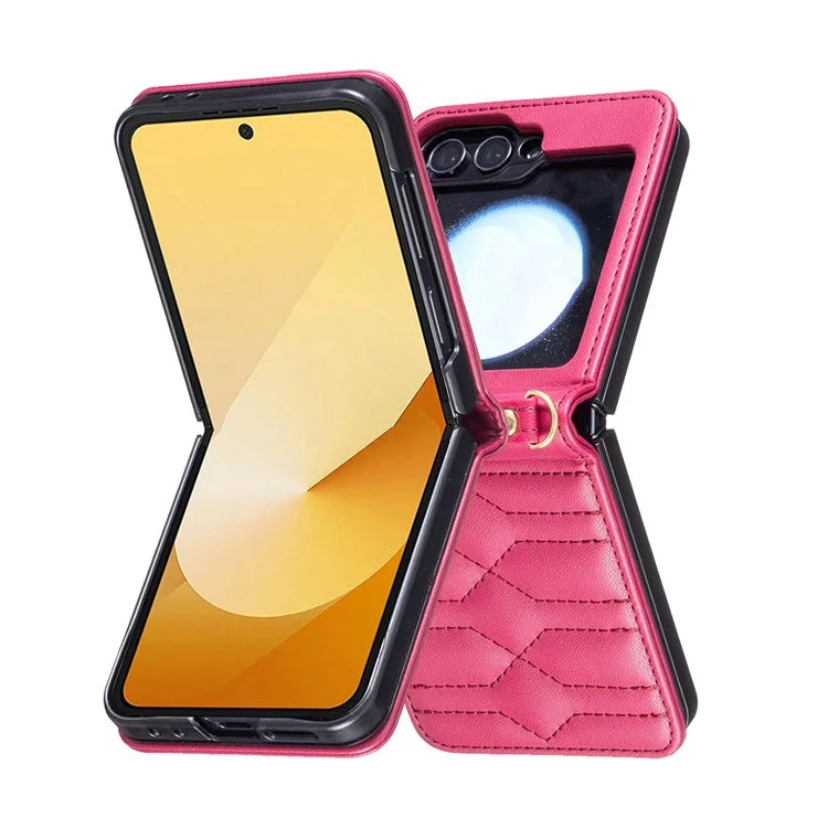 For Samsung Galaxy Z Flip6 5G  /  Z Flip5 5G Leather Case V-Shape Grip Back Cover with Shoulder Strap