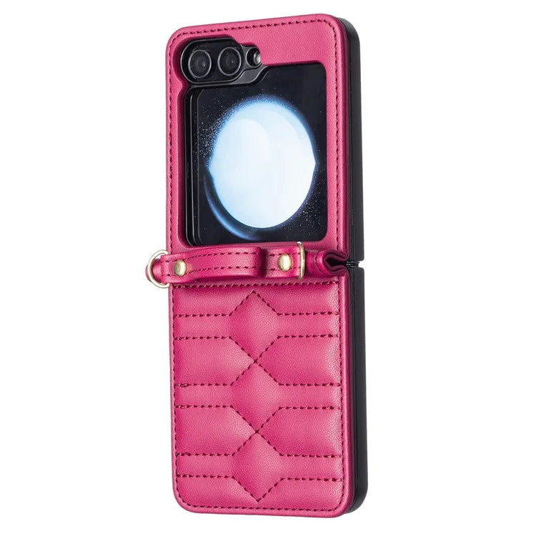For Samsung Galaxy Z Flip6 5G  /  Z Flip5 5G Leather Case V-Shape Grip Back Cover with Shoulder Strap