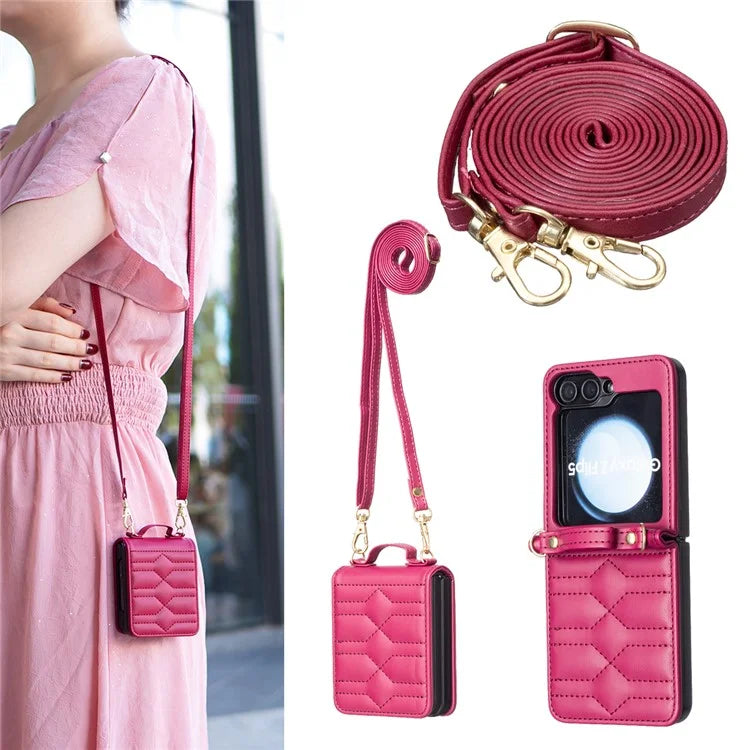 For Samsung Galaxy Z Flip6 5G  /  Z Flip5 5G Leather Case V-Shape Grip Back Cover with Shoulder Strap