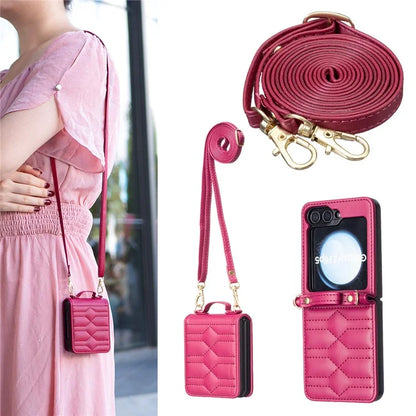 For Samsung Galaxy Z Flip6 5G  /  Z Flip5 5G Leather Case V-Shape Grip Back Cover with Shoulder Strap