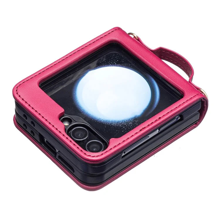 For Samsung Galaxy Z Flip6 5G  /  Z Flip5 5G Leather Case V-Shape Grip Back Cover with Shoulder Strap