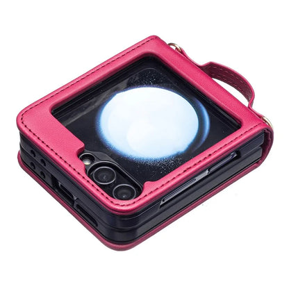 For Samsung Galaxy Z Flip6 5G  /  Z Flip5 5G Leather Case V-Shape Grip Back Cover with Shoulder Strap