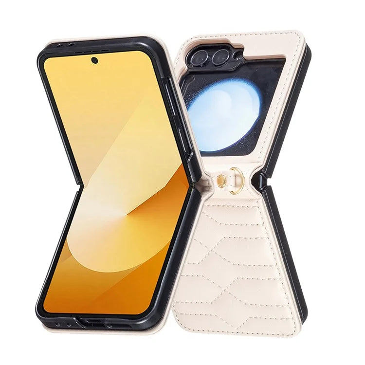 For Samsung Galaxy Z Flip6 5G  /  Z Flip5 5G Leather Case V-Shape Grip Back Cover with Shoulder Strap