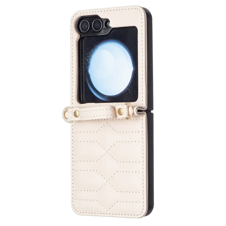 For Samsung Galaxy Z Flip6 5G  /  Z Flip5 5G Leather Case V-Shape Grip Back Cover with Shoulder Strap