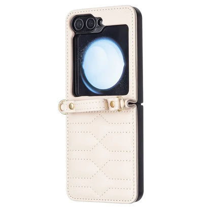 For Samsung Galaxy Z Flip6 5G  /  Z Flip5 5G Leather Case V-Shape Grip Back Cover with Shoulder Strap