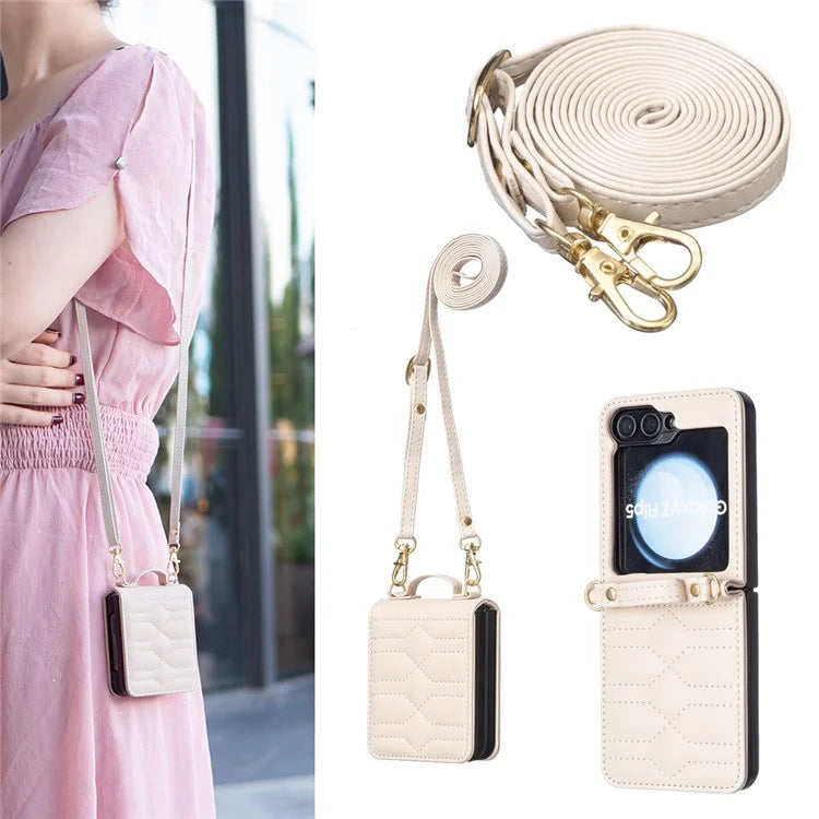 For Samsung Galaxy Z Flip6 5G  /  Z Flip5 5G Leather Case V-Shape Grip Back Cover with Shoulder Strap