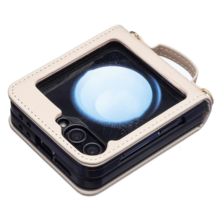 For Samsung Galaxy Z Flip6 5G  /  Z Flip5 5G Leather Case V-Shape Grip Back Cover with Shoulder Strap