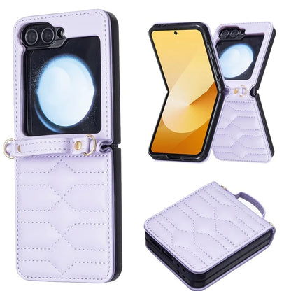 For Samsung Galaxy Z Flip6 5G  /  Z Flip5 5G Leather Case V-Shape Grip Back Cover with Shoulder Strap