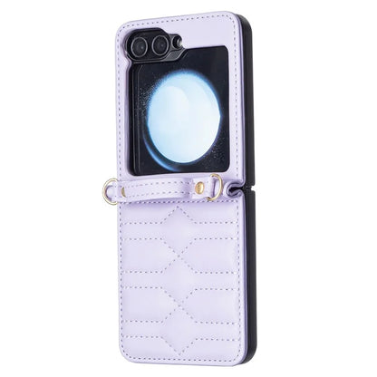 For Samsung Galaxy Z Flip6 5G  /  Z Flip5 5G Leather Case V-Shape Grip Back Cover with Shoulder Strap