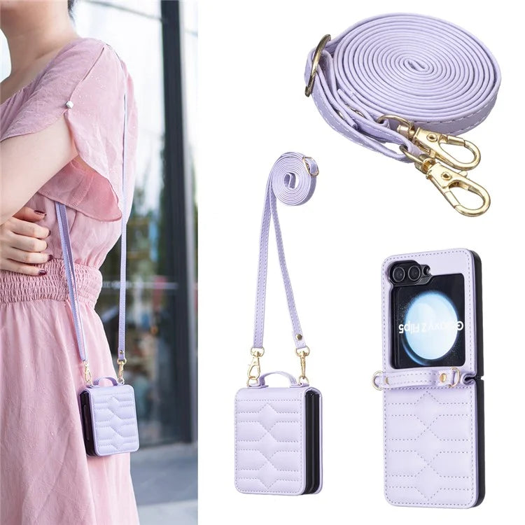 For Samsung Galaxy Z Flip6 5G  /  Z Flip5 5G Leather Case V-Shape Grip Back Cover with Shoulder Strap