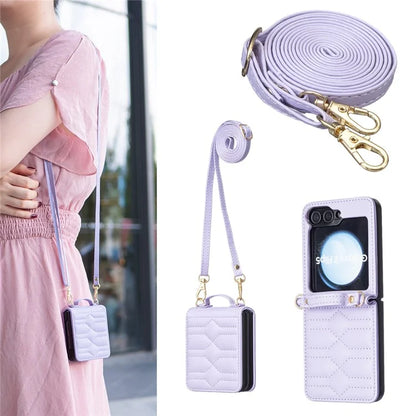 For Samsung Galaxy Z Flip6 5G  /  Z Flip5 5G Leather Case V-Shape Grip Back Cover with Shoulder Strap