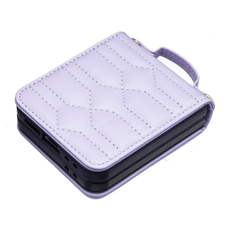 For Samsung Galaxy Z Flip6 5G  /  Z Flip5 5G Leather Case V-Shape Grip Back Cover with Shoulder Strap