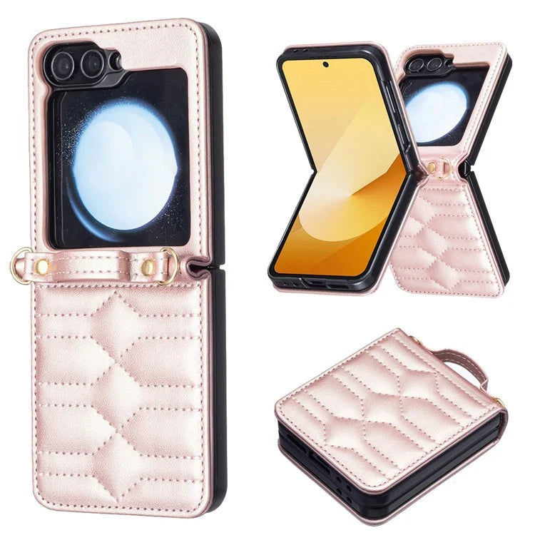 For Samsung Galaxy Z Flip6 5G  /  Z Flip5 5G Leather Case V-Shape Grip Back Cover with Shoulder Strap