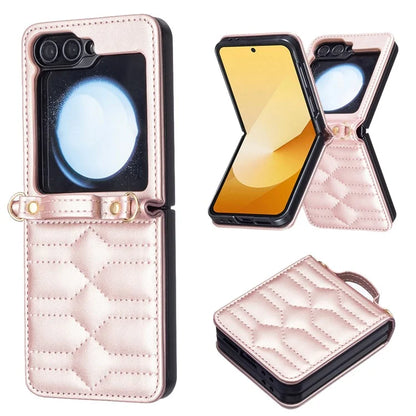 For Samsung Galaxy Z Flip6 5G  /  Z Flip5 5G Leather Case V-Shape Grip Back Cover with Shoulder Strap