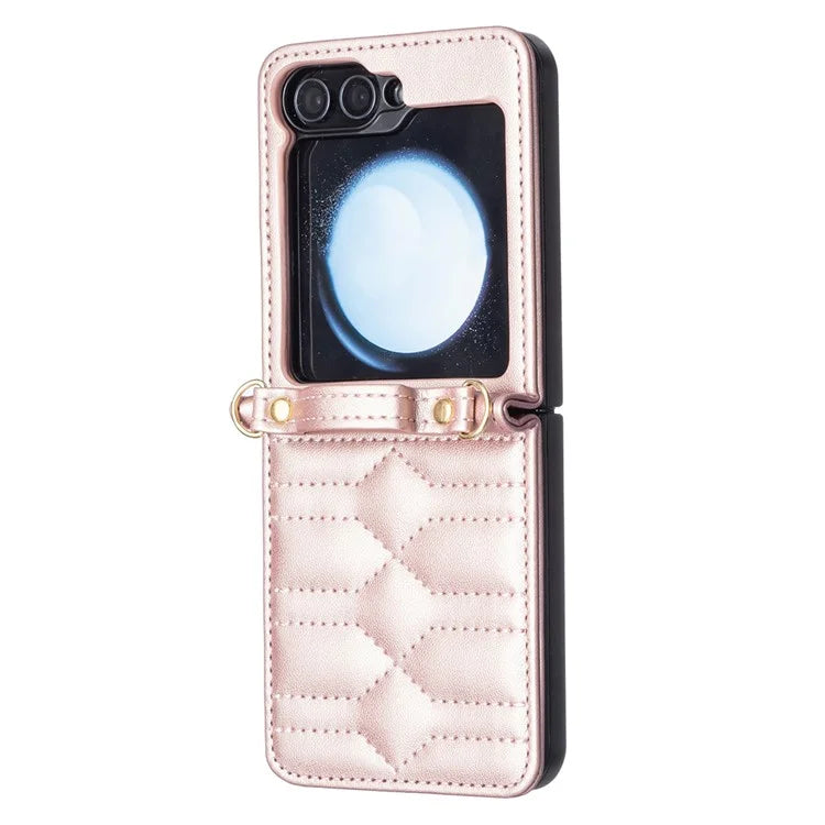 For Samsung Galaxy Z Flip6 5G  /  Z Flip5 5G Leather Case V-Shape Grip Back Cover with Shoulder Strap