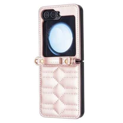 For Samsung Galaxy Z Flip6 5G  /  Z Flip5 5G Leather Case V-Shape Grip Back Cover with Shoulder Strap