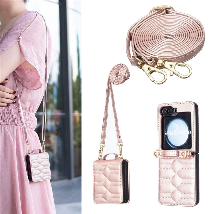 For Samsung Galaxy Z Flip6 5G  /  Z Flip5 5G Leather Case V-Shape Grip Back Cover with Shoulder Strap
