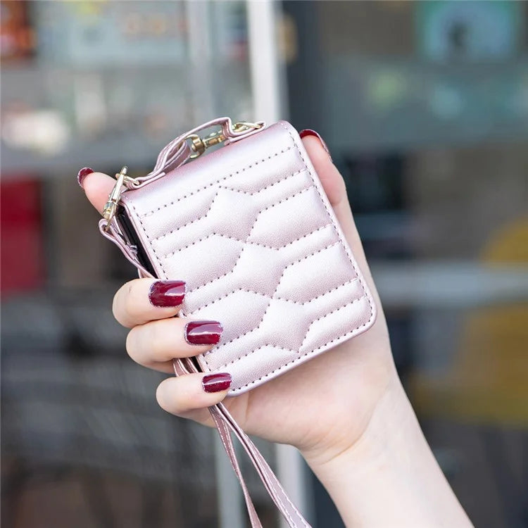 For Samsung Galaxy Z Flip6 5G  /  Z Flip5 5G Leather Case V-Shape Grip Back Cover with Shoulder Strap