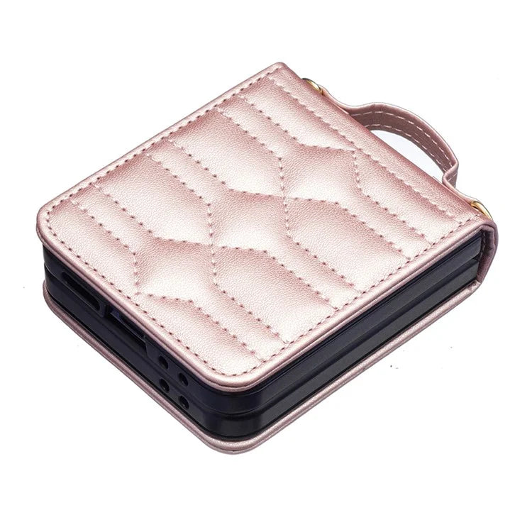 For Samsung Galaxy Z Flip6 5G  /  Z Flip5 5G Leather Case V-Shape Grip Back Cover with Shoulder Strap