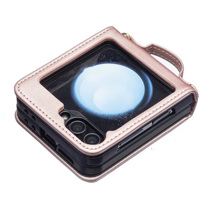 For Samsung Galaxy Z Flip6 5G  /  Z Flip5 5G Leather Case V-Shape Grip Back Cover with Shoulder Strap