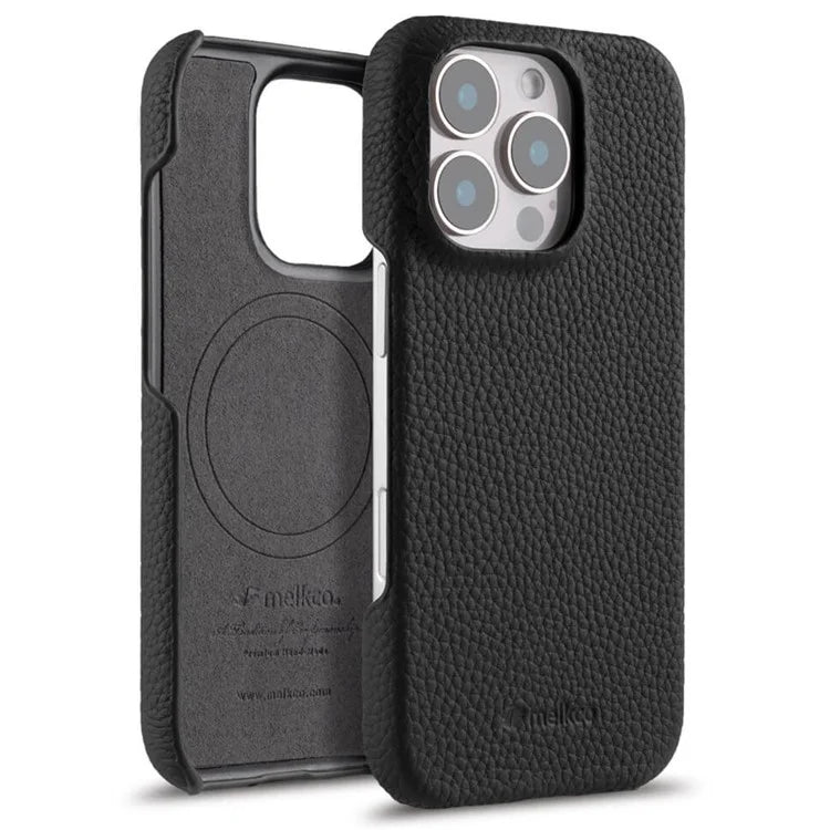 MELKCO For iPhone 16 Pro Max Case Genuine Cow Leather PC Phone Cover Compatible with MagSafe