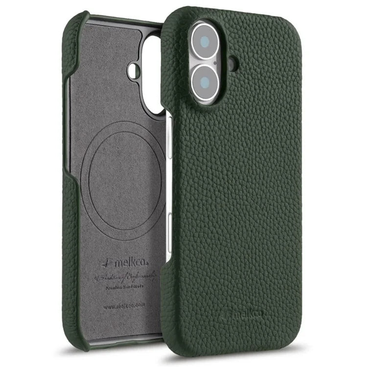 MELKCO For iPhone 16 Case Genuine Cow Leather PC Phone Cover Compatible with MagSafe