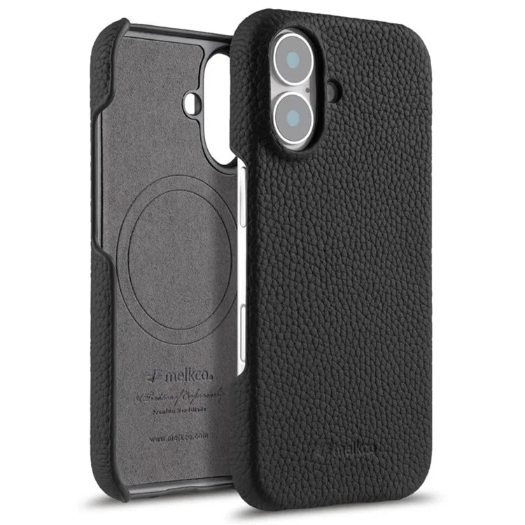 MELKCO For iPhone 16 Plus Case Genuine Cow Leather PC Phone Cover Compatible with MagSafe