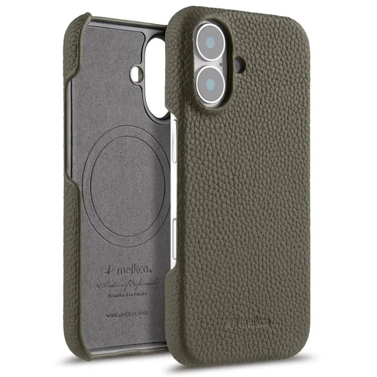 MELKCO For iPhone 16 Plus Case Genuine Cow Leather PC Phone Cover Compatible with MagSafe