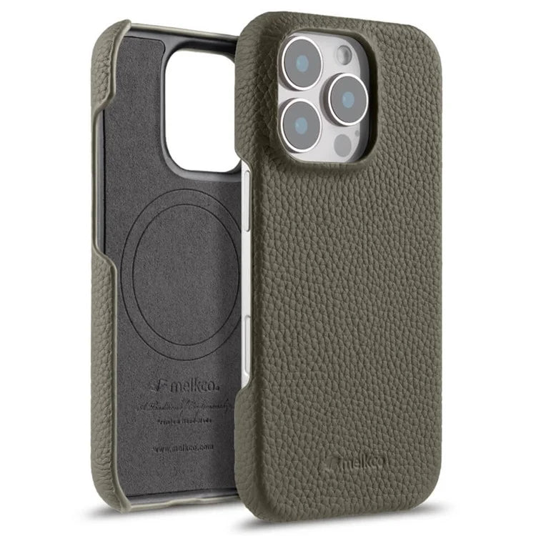 MELKCO For iPhone 16 Pro Case Genuine Cow Leather PC Phone Cover Compatible with MagSafe