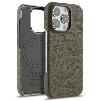 MELKCO For iPhone 16 Pro Case Genuine Cow Leather PC Phone Cover Compatible with MagSafe
