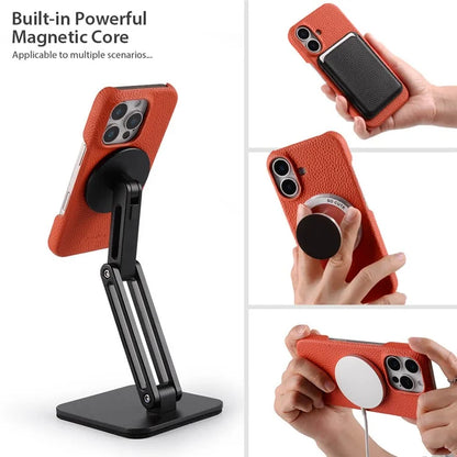 MELKCO For iPhone 16 Pro Case Genuine Cow Leather PC Phone Cover Compatible with MagSafe