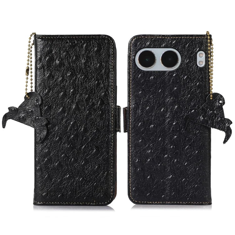 For OnePlus Nord 4 Case RFID Blocking Genuine Cow Leather Phone Case Ostrich Texture
