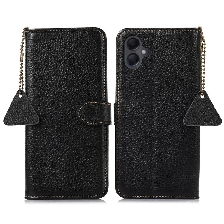 For Samsung Galaxy A06 Case RFID Blocking Litchi Texture Genuine Cow Leather Phone Cover