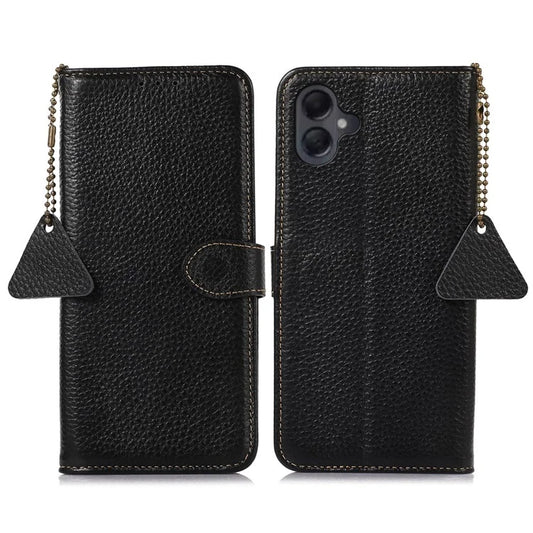 For Samsung Galaxy A06 Case RFID Blocking Litchi Texture Genuine Cow Leather Phone Cover