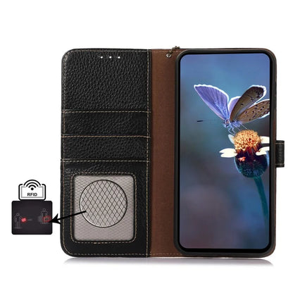 For Samsung Galaxy A06 Case RFID Blocking Litchi Texture Genuine Cow Leather Phone Cover
