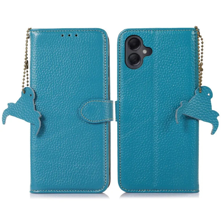 For Samsung Galaxy A06 Case RFID Blocking Litchi Texture Genuine Cow Leather Phone Cover