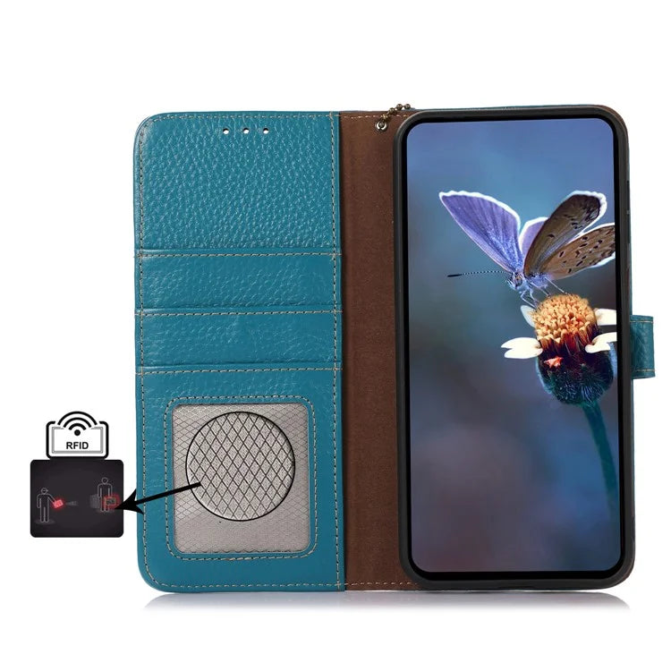 For Samsung Galaxy A06 Case RFID Blocking Litchi Texture Genuine Cow Leather Phone Cover