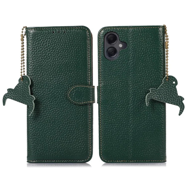 For Samsung Galaxy A06 Case RFID Blocking Litchi Texture Genuine Cow Leather Phone Cover