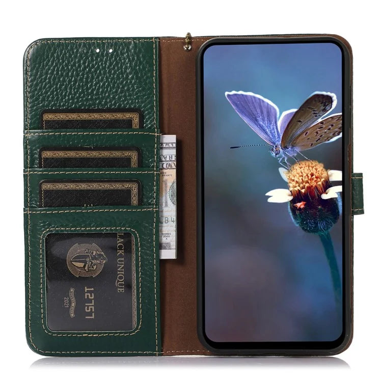 For Samsung Galaxy A06 Case RFID Blocking Litchi Texture Genuine Cow Leather Phone Cover