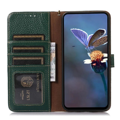 For Samsung Galaxy A06 Case RFID Blocking Litchi Texture Genuine Cow Leather Phone Cover