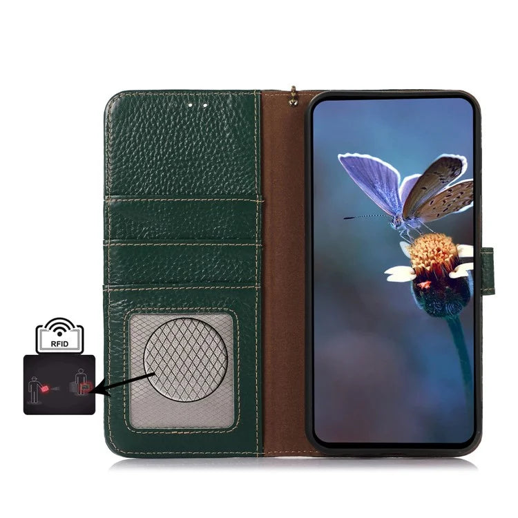 For Samsung Galaxy A06 Case RFID Blocking Litchi Texture Genuine Cow Leather Phone Cover