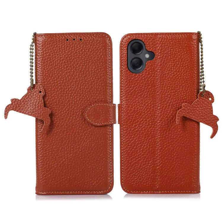 For Samsung Galaxy A06 Case RFID Blocking Litchi Texture Genuine Cow Leather Phone Cover