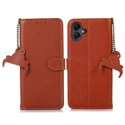 For Samsung Galaxy A06 Case RFID Blocking Litchi Texture Genuine Cow Leather Phone Cover