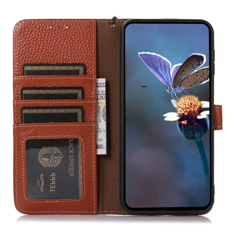 For Samsung Galaxy A06 Case RFID Blocking Litchi Texture Genuine Cow Leather Phone Cover