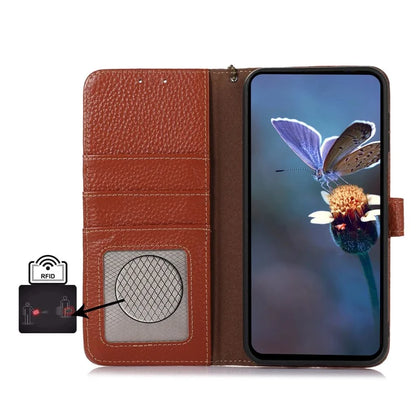 For Samsung Galaxy A06 Case RFID Blocking Litchi Texture Genuine Cow Leather Phone Cover