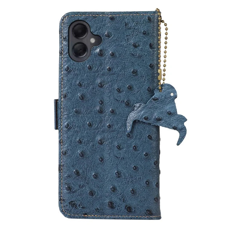 For Samsung Galaxy A06 Case RFID Blocking Genuine Cow Leather Phone Case Ostrich Texture