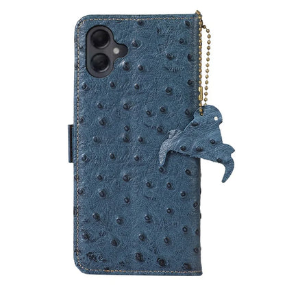 For Samsung Galaxy A06 Case RFID Blocking Genuine Cow Leather Phone Case Ostrich Texture